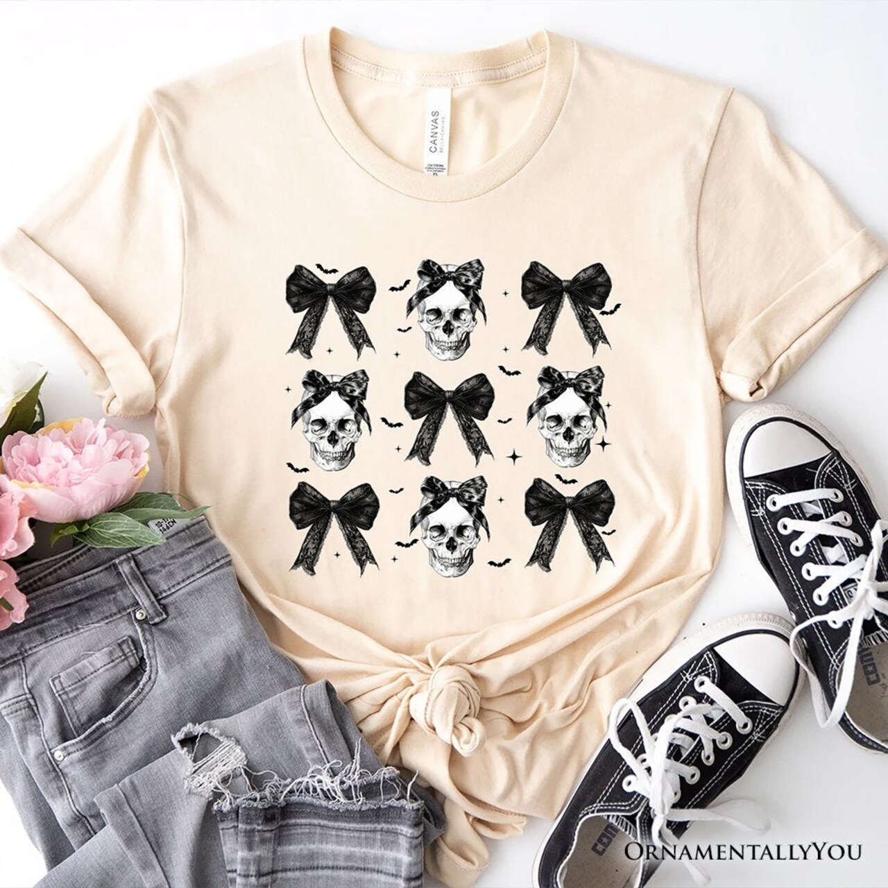 Coquette Skulls and Bows T-Shirt, Gothic Halloween Tee for Stylish Women